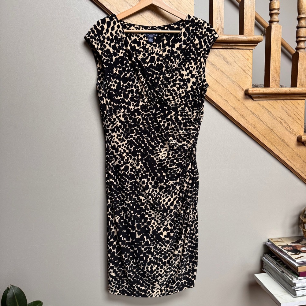 American Living Women Animal Print Ruched Sheath Faux Wrap Dress 14 Cap Sleeve - Picture 2 of 9